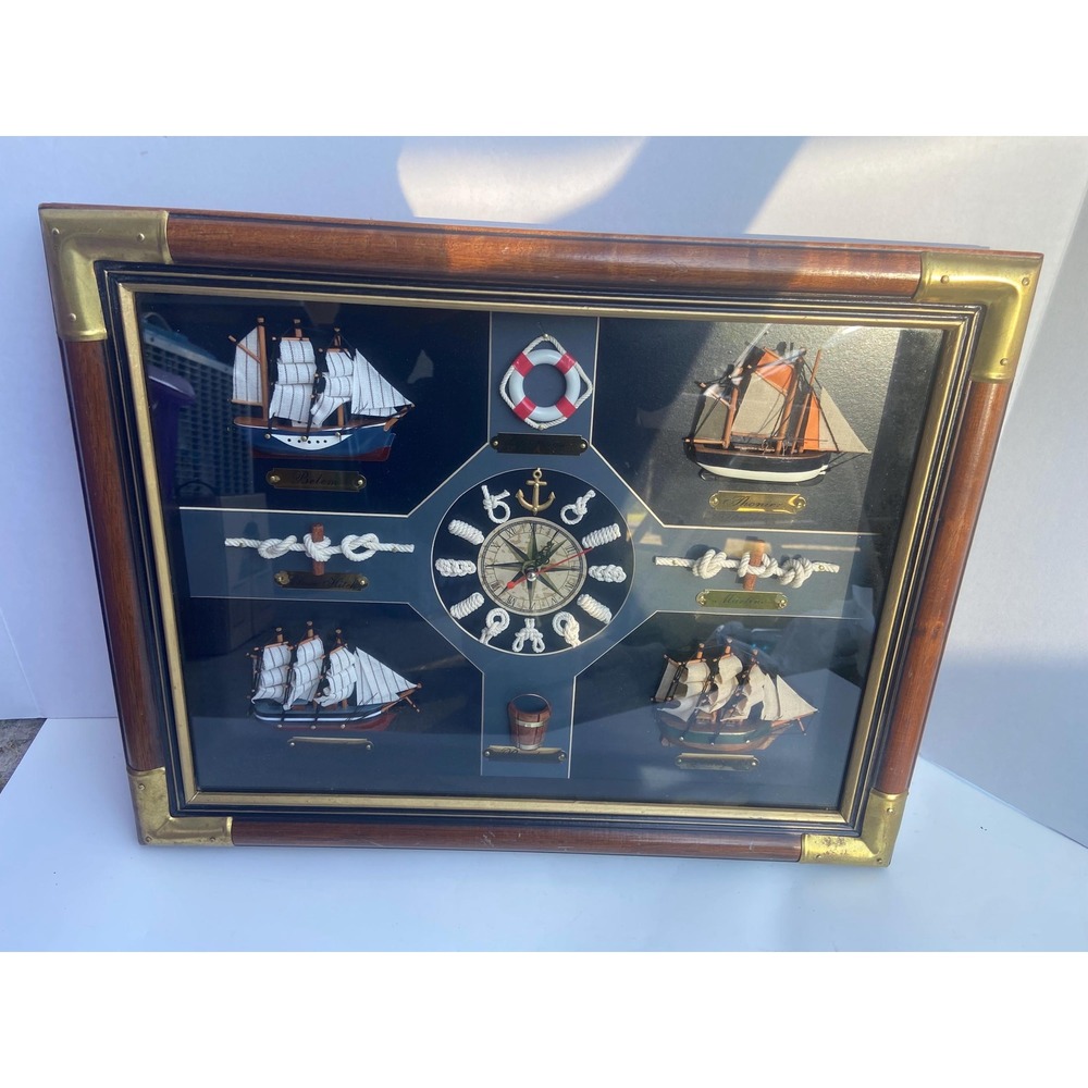 Vintage Nautical Themed Shadow Box with Central Clock WORKS